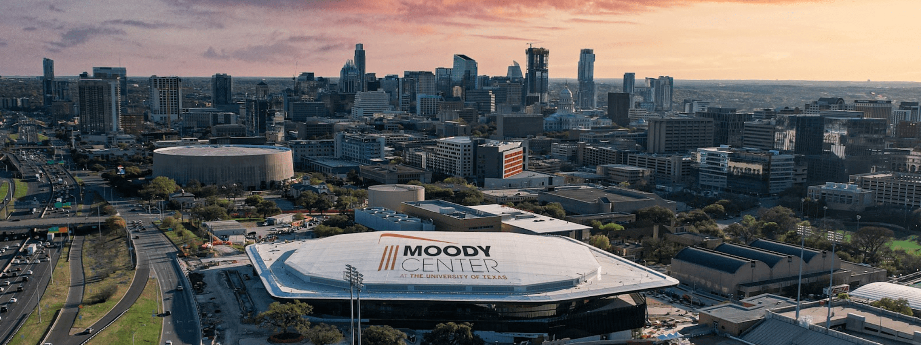 aerial view of the Moody Center at The University of Texas at Austin