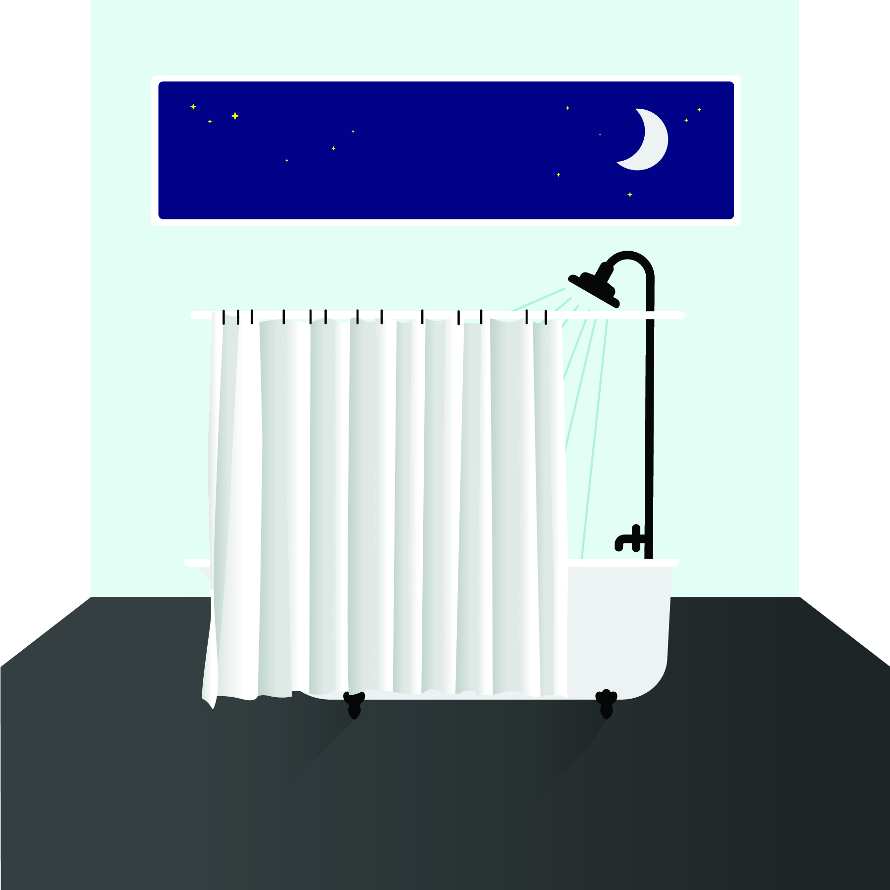 Illustration of a bath tub and shower at nighttime