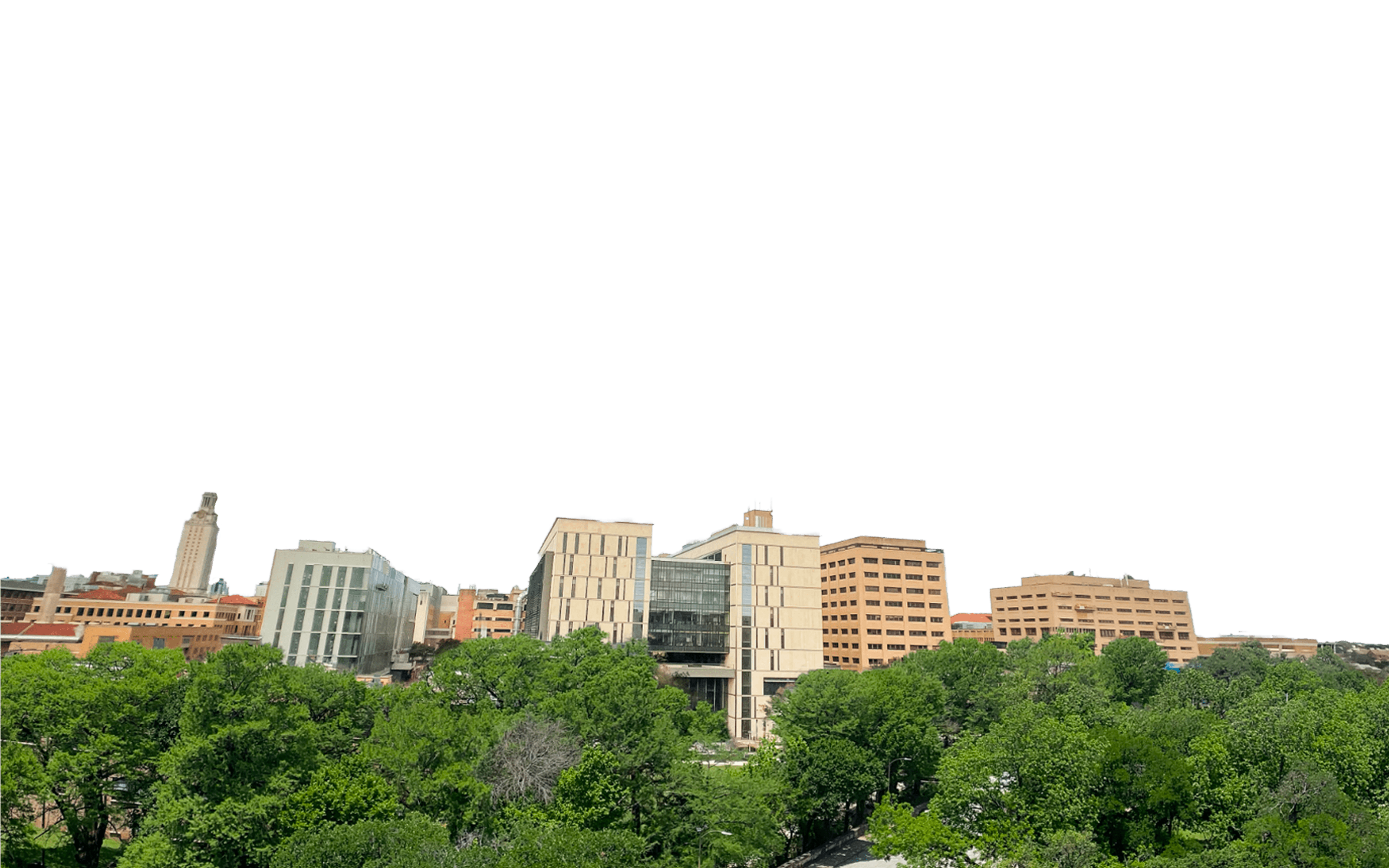 Cockrell School of Engineering buildings skyline with trees