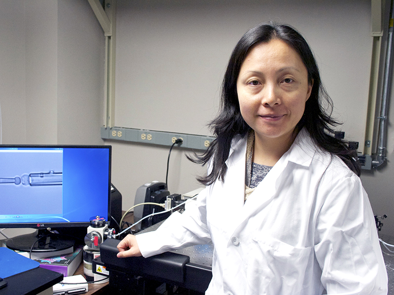 Jenny Jiang in her lab in front of her computer while holding onto her desk.