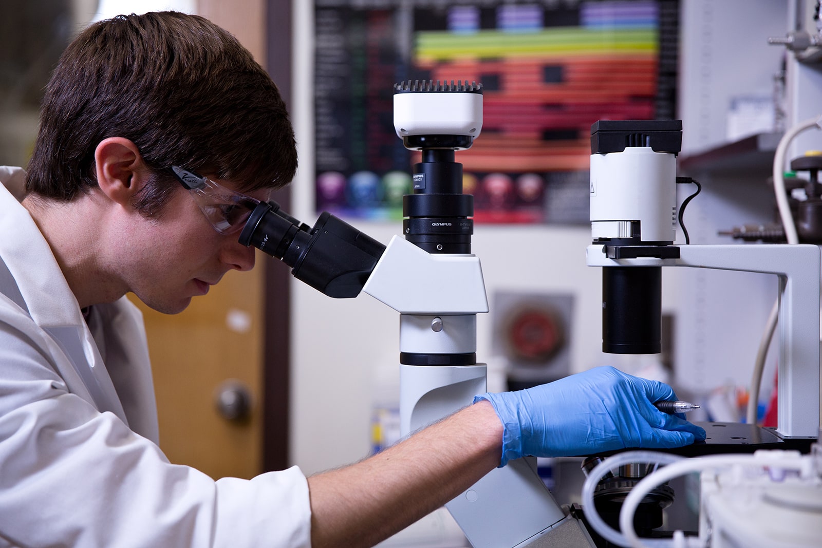 Texas biomedical engineering student looking into microscope