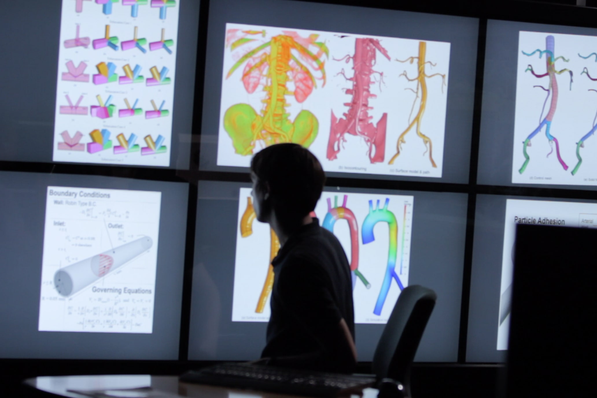 Texas computational engineering student looking at several monitors depicting human cells